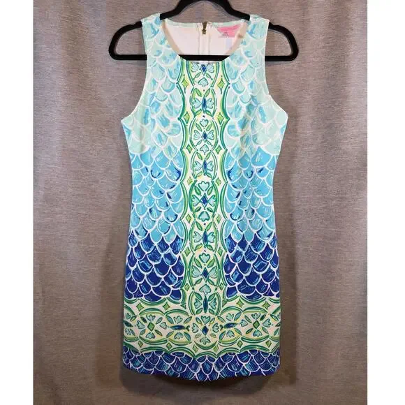 Lilly Pulitzer Shift Dress Perla Scale Back Engineered Scuba Med Mermaid *READ* - Picture 1 of 7